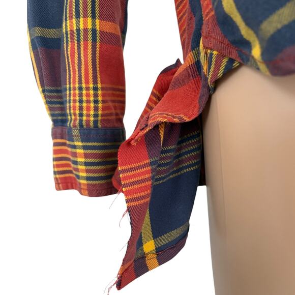 Upcycled MTV Flannel Patchwork Shirt Grunge Y2K Retro Plaid Top Ruffle Colorful - Picture 6 of 8